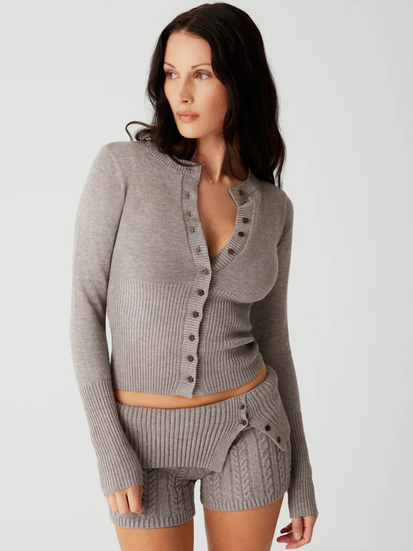 Suéter de cardigã de malha de peito único feminino, botões, manga longa, fino, versátil, com nervuras, parte inferior de lã, inverno