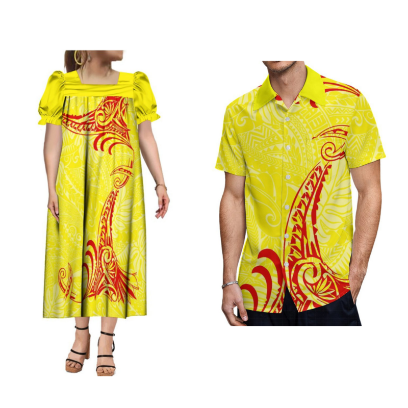 Polinezyjska sukienka MUMU nowa niestandardowa zestaw dla par etniczny nadruk koszula męska luźna sukienka codzienna tkanina wysokiej jakości letnie krótkie rękawy