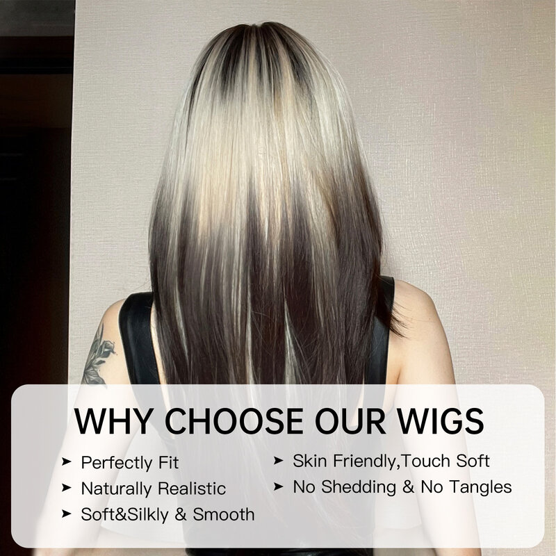 Ombre Cosplay lurus sintetis rambut wanita pirang Platinum ke rambut hitam wig alami panjang berlapis dengan poni untuk wanita putih