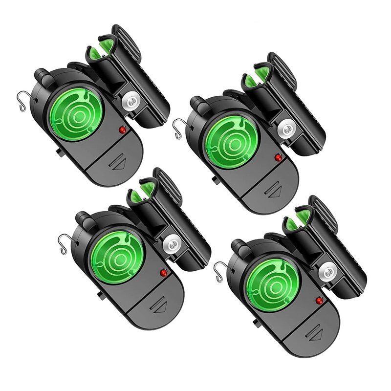 Alarma de mordida de pesca de 4 piezas, indicador de alarmas de pesca electrónico sensible, campana de alerta de mordida de sonido con luces LED