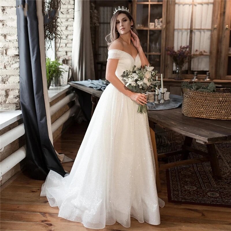ชุดแต่งงานที่สง่างามสำหรับผู้หญิงชุดเดรสสวยสง่าชุดเดรสทรงเอไลน์เปิดไหล่ vestidos de Novia