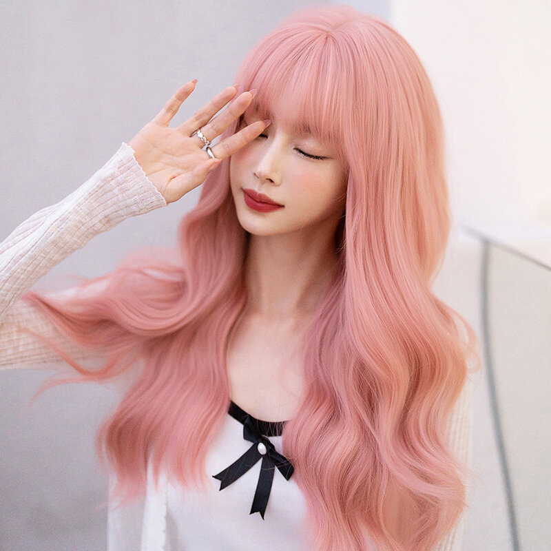 7JHH WIGS Costume Wig Synthetic Body Wavy Pink Wig for Sweet Girl High Density Layered Hair Wigs with Bangs Beginner Friendly