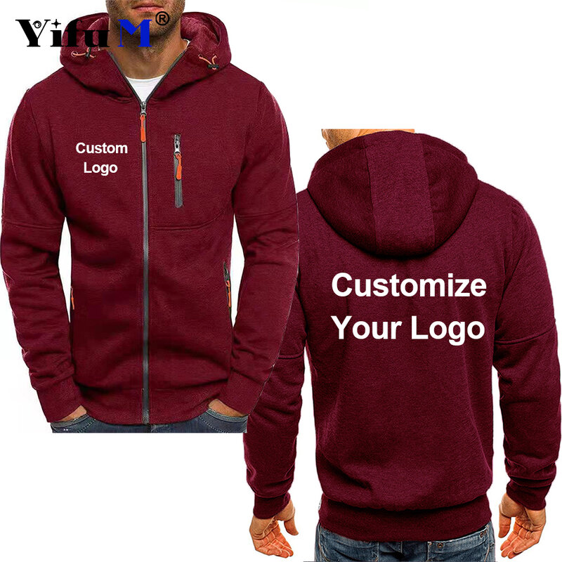 Logotipo personalizado masculino com zíper Hoodies, moletons masculinos, jaqueta com capuz, casaco de lã, roupas DIY, outono
