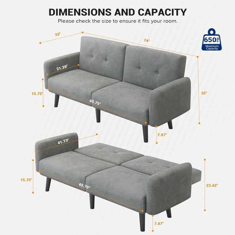 74 inch Sofa Bed, Futon Couch Bed, Adjustable Split Backrest, Modern Fabric Sleeper Bed w/2 Pillows, 2 Seater Loveseat Sofas