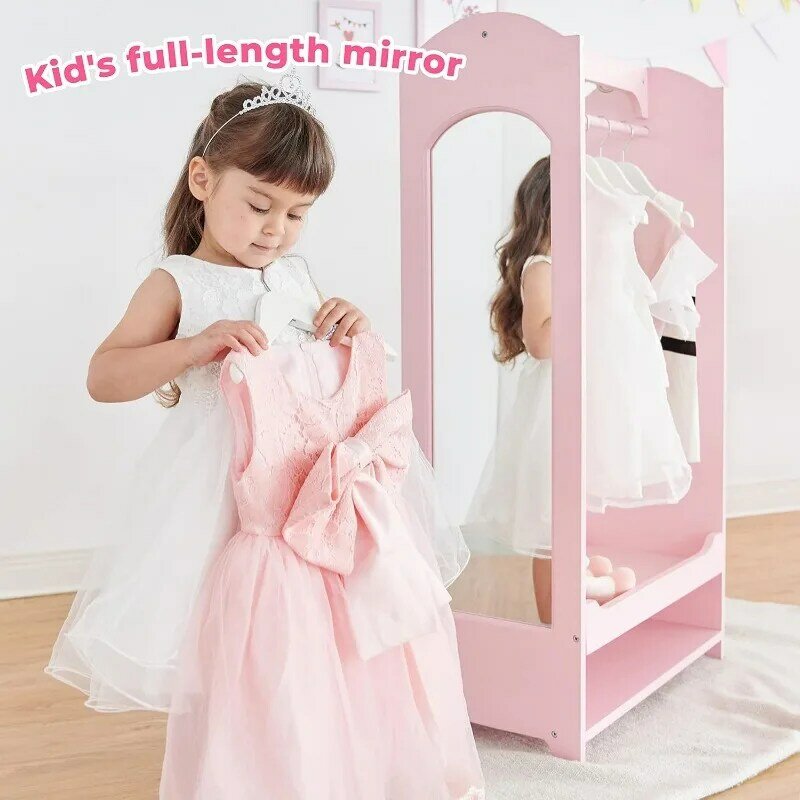 Teamson infantil gancho e cabide de espelho, guarda-roupa feminino, estação de vestir criança, rosa