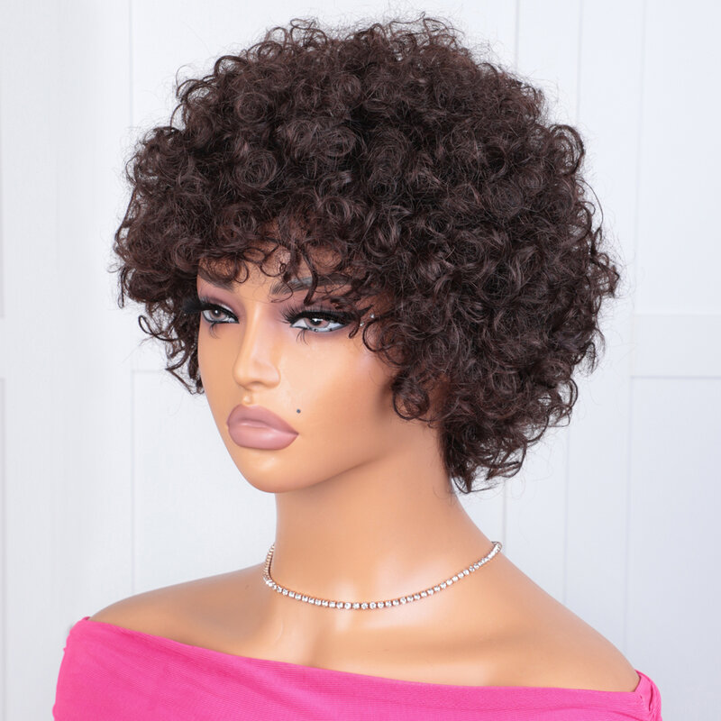 Pelucas Afro rizadas con flequillo, cabello humano Remy esponjoso, hecho a máquina, sin pegamento, cortas, 180% de densidad
