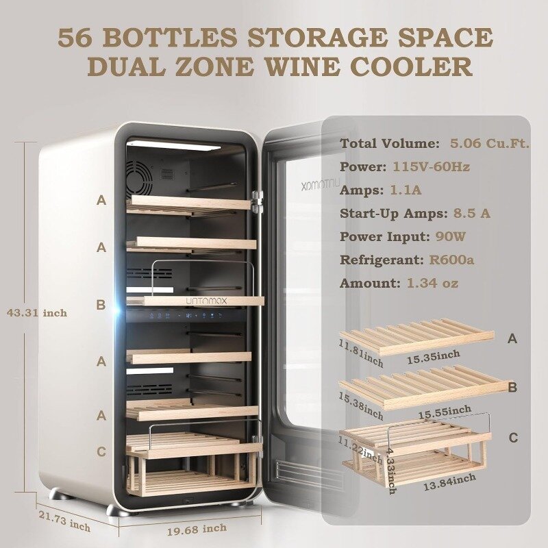 듀얼 존 와인 캐비닛 냉장고, 와인 56 병, 독립 와인 저장고, 온도 메모리 무소음 압축기