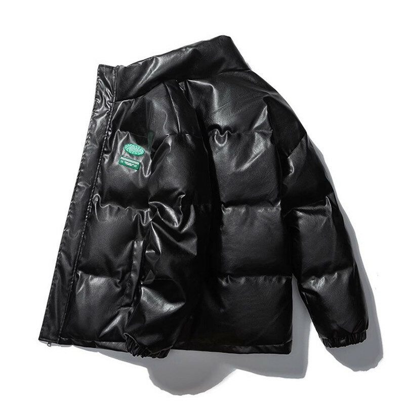 Winter Thick Man Short Parkas Warm Fashion PU Leather Coats Black Cotton Padded Male Down Jacket Elegant Zipper Clothes