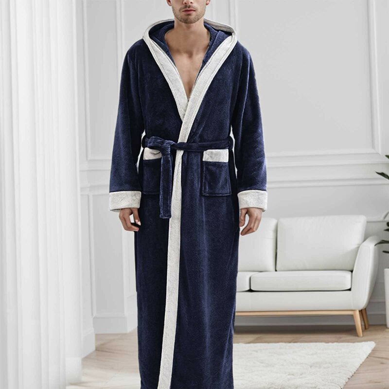 Банный халат мужской с капюшоном, утепленный с двойным карманом, с капюшоном, для отдыха, ночная одежда, осень-зима