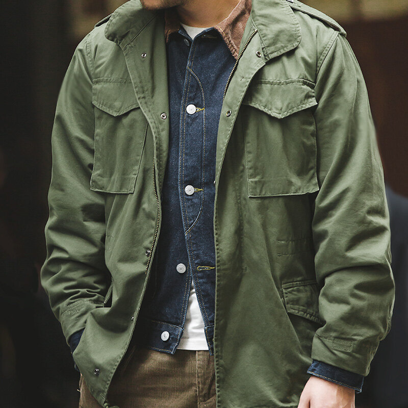 Maden-jaqueta jeans grande para homens, jaqueta verde do exército, blusão vintage militar, casaco sólido casual, roupas soltas retrô, M65