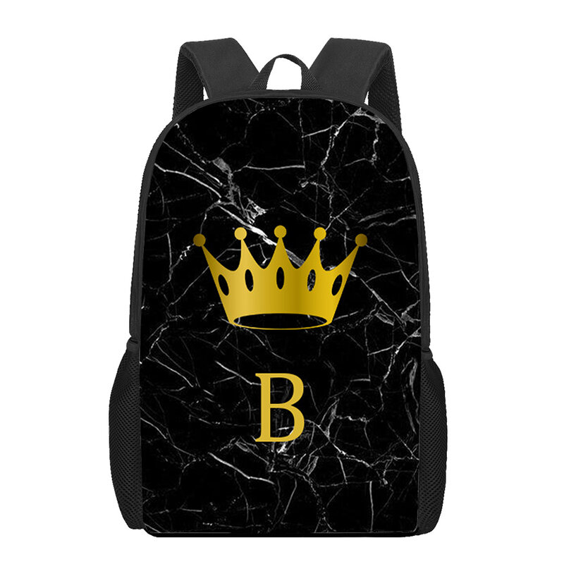 16 Inches Alphabet Marble School Bags for Boy Girl Kids Letter Crown 3D Print Backpack Book Bag Student Bookbag with Mesh Pocket