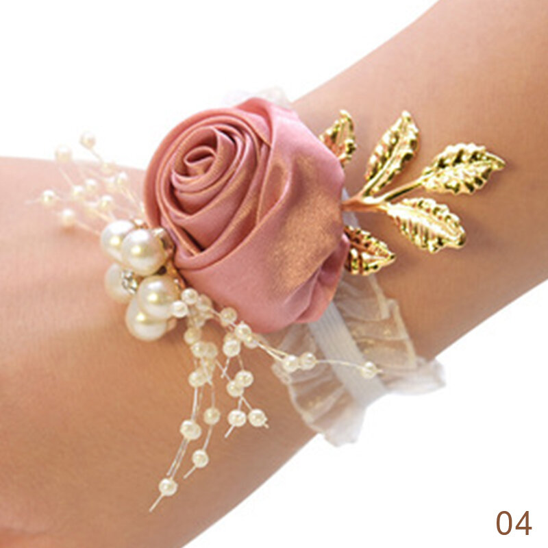 Pulsera de rosa para dama de honor, accesorios de boda, ramillete de seda, flor de mano, boda, dama de honor