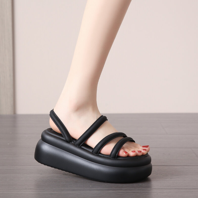 Women 7.5CM High Platform Sandals Wedge Hollow Mules Shoes Casual Chunky Gladiator Sandals Woman Summer Leather Beach Slippers