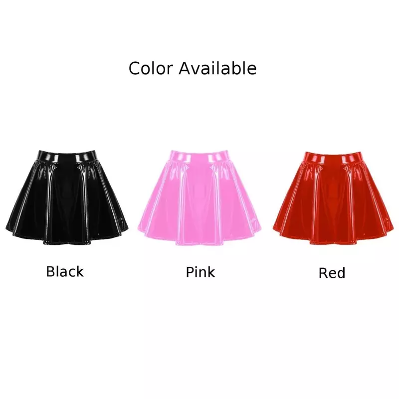 Womens Glossy Patent Leather Flared Miniskirt Dance A Line Skirt Clubwear Cosplay Elastic Waistband Hot Girl Retro Style