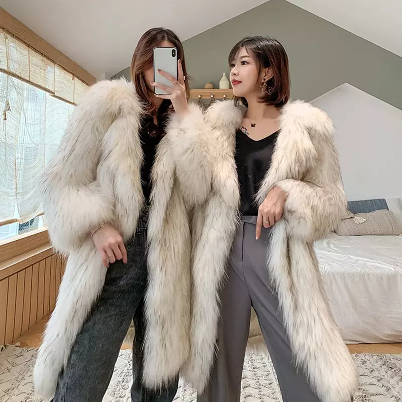 QNPQYX-Casaco de imitação de pele de raposa feminino, pele sintética longa, casaco guaxinim quente, tamanho grande, lazer, inverno, novo