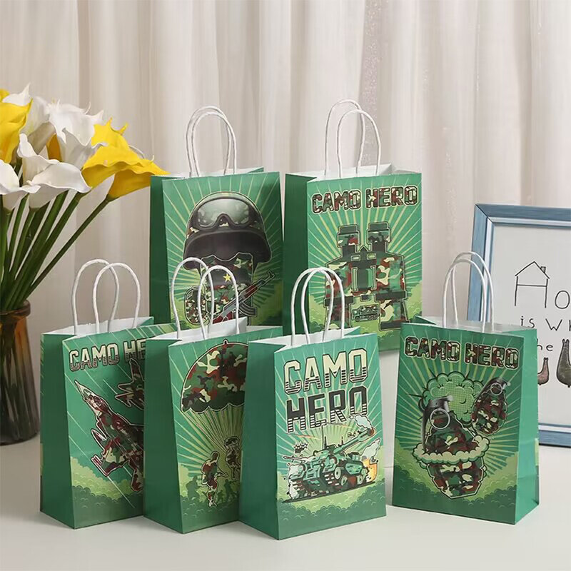 6 buah Camo tas pesta ulang tahun kamuflase kertas Goodie tas tentara Tank tempur tentara permen tas makanan Camo perlengkapan pesta