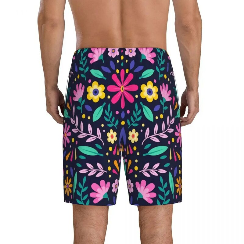 Arte masculina padrão pijama shorts, calças de pijama dormem pijamas curtos com bolsos, estampado personalizado, flores mexicanas, Otomi