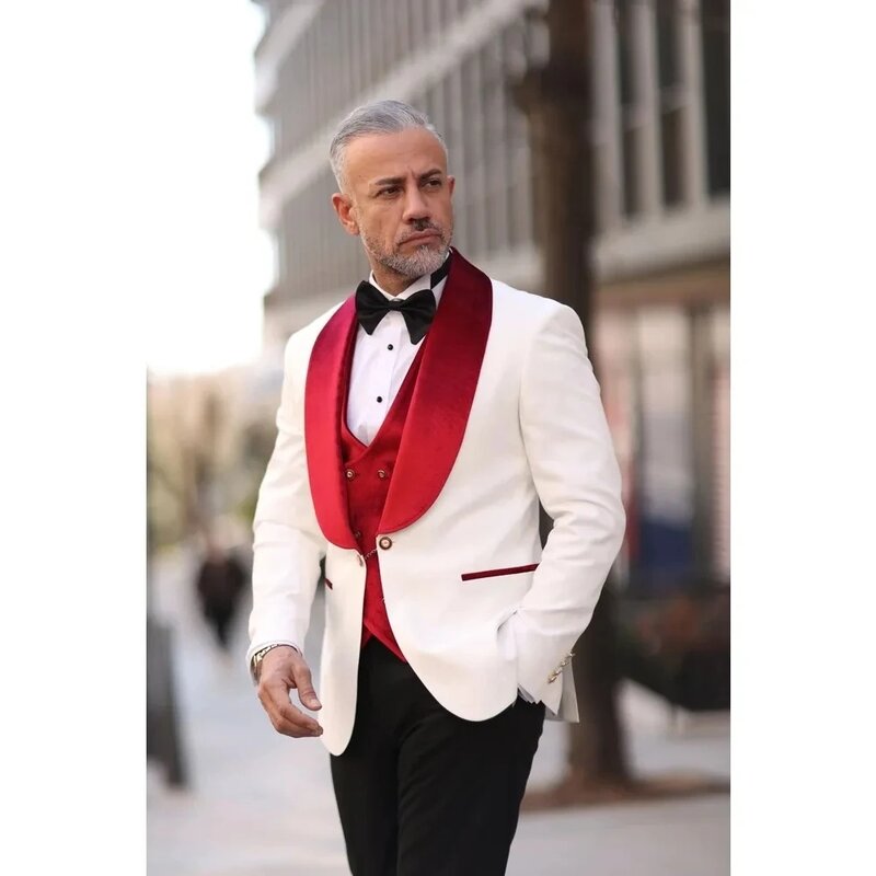 Мужские свадебные смокинги, красный бархатный жилет, шаль, отворот, Мужской Блейзер, наряды, деловая одежда, костюмы (куртка + жилет + брюки)