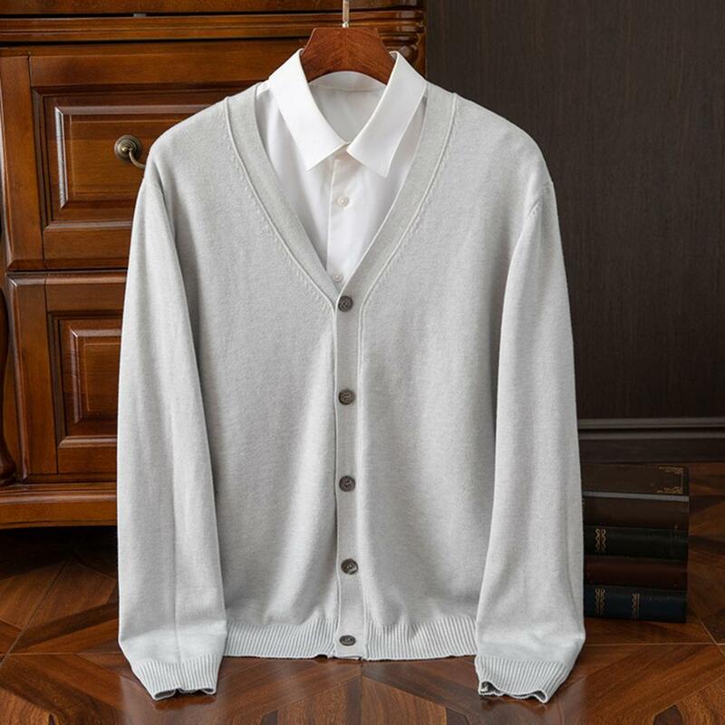 Cárdigan de punto con cuello en V para hombre, suéter de manga larga, abrigo de un solo pecho, Color sólido, Otoño e Invierno