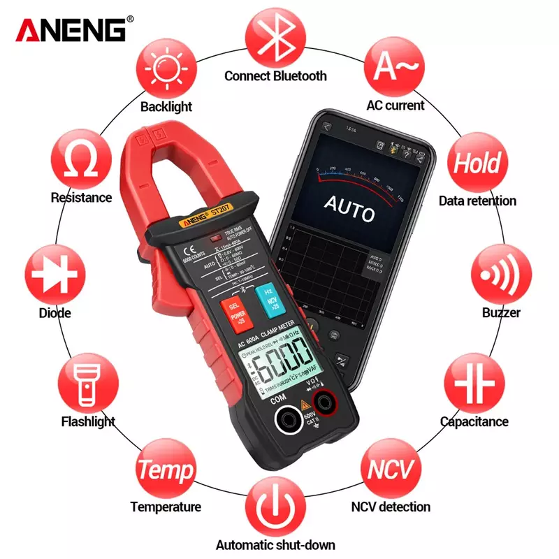 ANENG-ST207 Digital Bluetooth Multímetro, Grampo Meter, 6000 Contagem, True RMS, DC, AC Tester Tensão, Corrente, Hz, Capacitância, Ohm, ST207