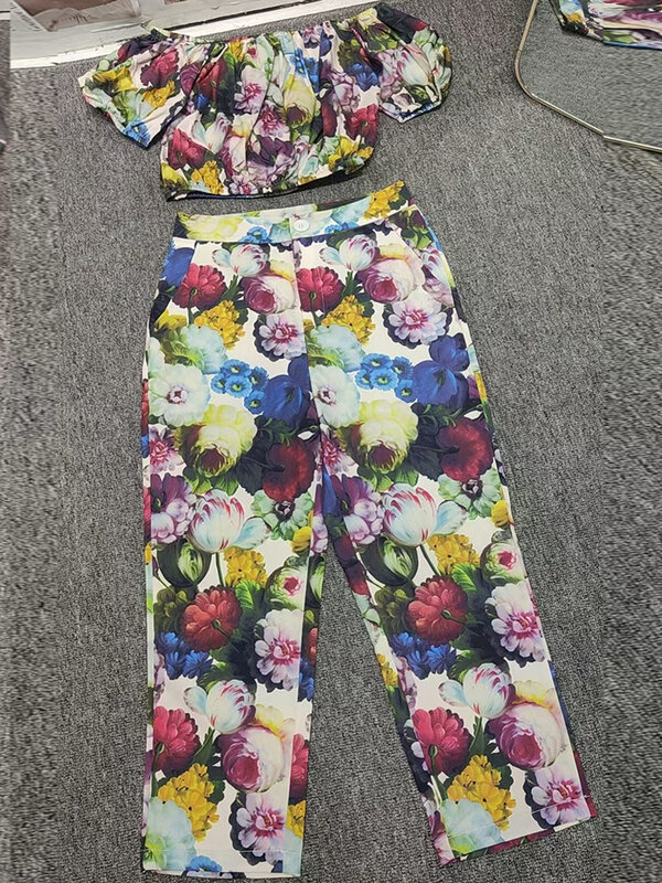 Pijama de lapela com estampa vintage feminino, camisa solta com renda, calça de perna larga de cintura alta, conjunto de moda verão, novo, 2 peças, 2024