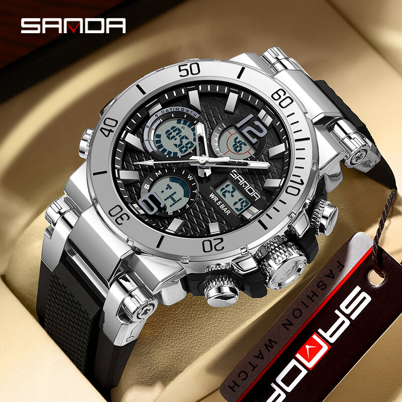 Sanda 2024 New Dual Screen Men's Digital Watch Nightlight Waterproof Multifunctional Popular Men's Alarm Clock Wristwatch 6167