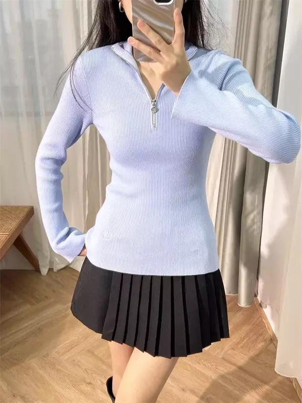 Sweater biru wanita Logo bordir, Pullover wanita musim gugur, Sweater Logo bordir, leher setengah, lengan panjang, kasual, 2023
