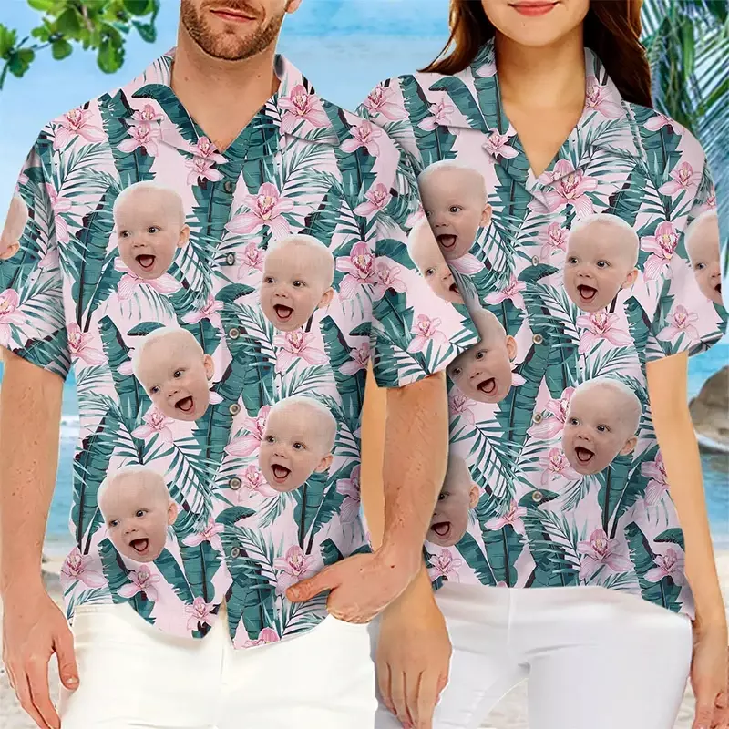 เสื้อฮาวายพร้อมภาพถ่ายส่วนตัวพิมพ์ลายเต็มหน้าส่วนตัวครอบครัวกลางชายหาดของขวัญสำหรับสมาชิกในครอบครัว