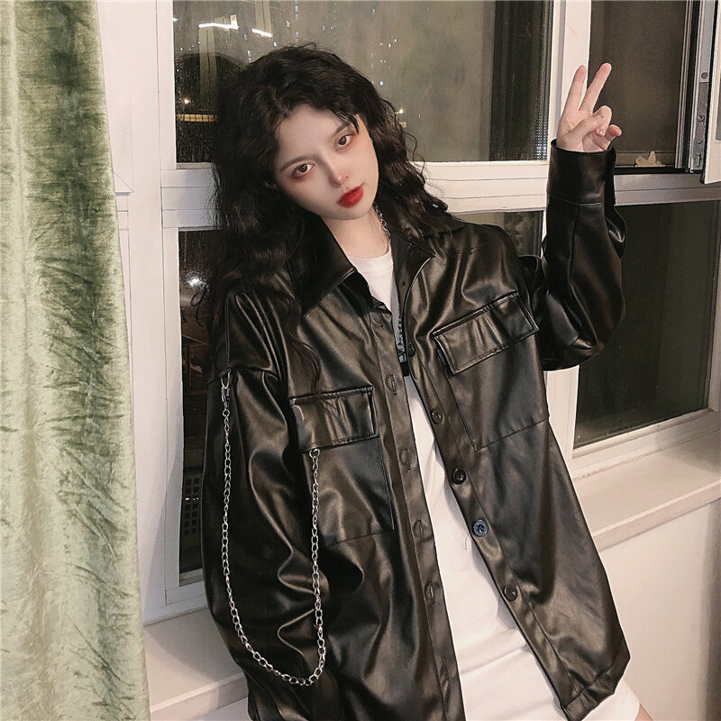Куртка женская кожаная свободного покроя, повседневная верхняя одежда в японском стиле, шикарная уличная одежда в Корейском стиле, топы из черной кожи с длинным рукавом