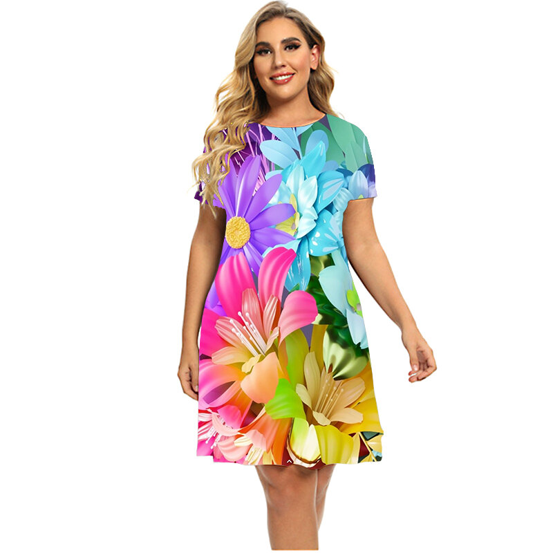 女性のためのエレガントなグラデーションプリントドレス,カジュアルな夏服,半袖,ラインa,ラージサイズ