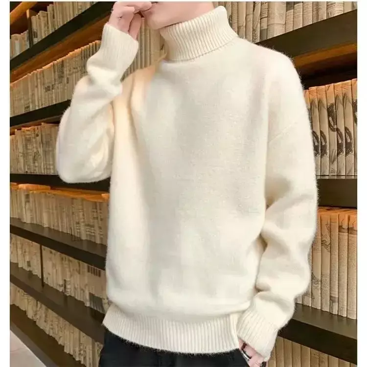 One Body Mink Fleece for Men Plus Fleece Thick Knit Turtleneck Line for Autumn and Winter Warm Loose Base Shirt Harajuku Sweater