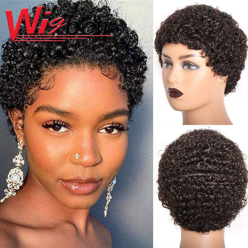 Perruque afro courte crépue bouclée pour femmes noires, coupe Pixie brésilienne, cheveux humains, perruques moelleuses africaines avec frange, entièrement fabriquée à la machine