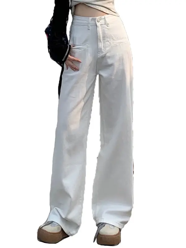 กางเกงยีนส์สีพื้นเอวสูงทรงตรงลำลองสำหรับผู้หญิงสีขาวแฟชั่นทรงหลวมคลาสสิกวินเทจกางเกงขาม้าฤดูร้อน