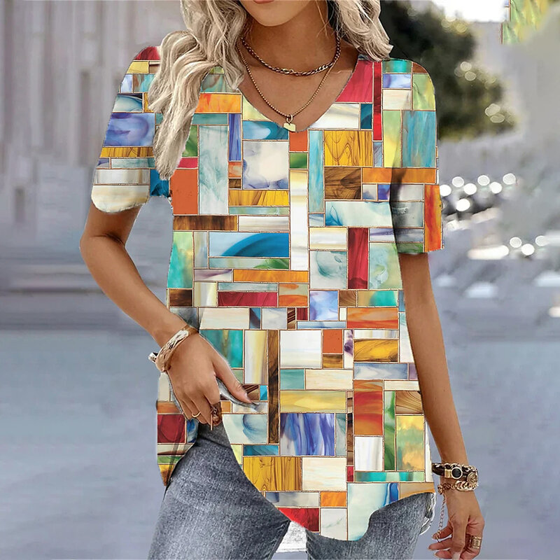 Женская футболка с V-образным вырезом, Свободный Повседневный Топ в полоску, с забавным принтом, уличная одежда, пуловер, рубашки для женщин, на лето