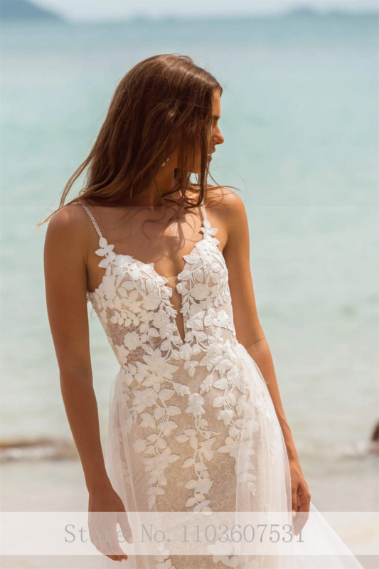 Spaghetti Straps Floral Applique Lace Beach Tulle Wedding Dress for Women Mermaid Court Illsuion Wedding Gown robe de mariée