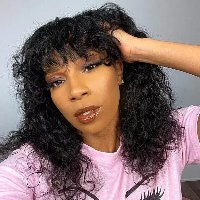 Short Bob Cut Human Hair Wigs With Bangs 180% Density Jerry Curly Glueless Wig Highlight Honey Water Wave Wigs Natural Black