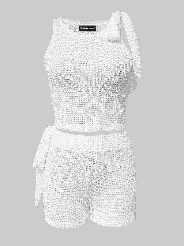 LW Mesh Bandage Design Shorts Set Women Summer 2pcs Solid Color Sleeveless Round Neck Daily Two Pieces Shorts Set Matching Suit