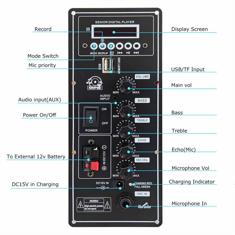 Scheda amplificatore 12V supporto amplificatore altoparlante da ballo quadrato Bluetooth AUX TF-Card registrazione U-Disk altoparlante da 6-12 pollici