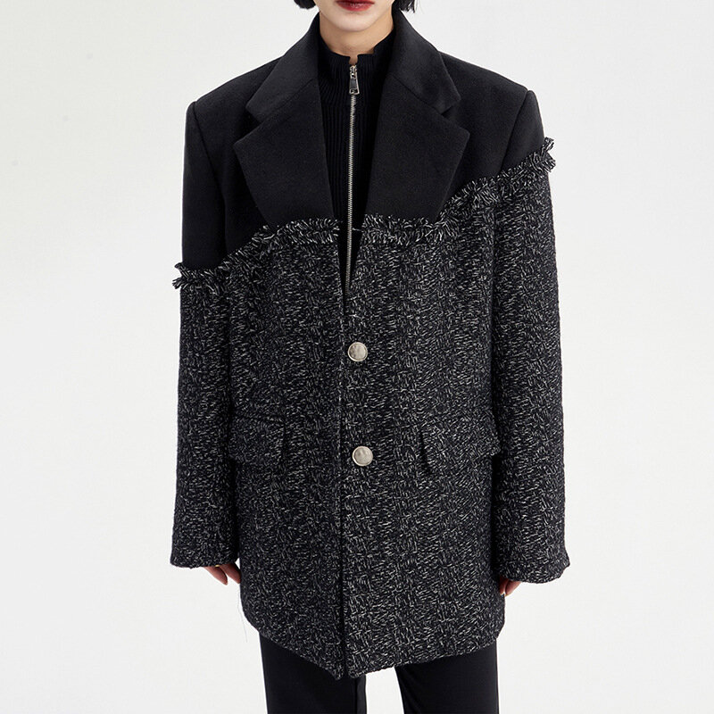 Terno de tecido de lã assimétrico feminino, design splicing, blazer manga comprida, topo, fileira única de dois botões, glamoroso, preto, em stock