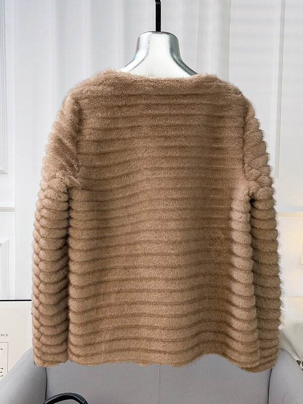 2024 Autumn/Winter European Mink Fleece Round Neck Short Horizontal Pattern Inlaid Pearl Imitation Mink Composite Fur