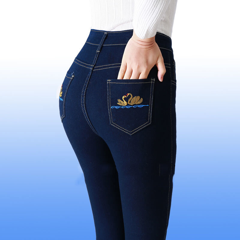 Oversize 36 primavera verão mãe calças de brim do vintage cintura alta mulheres calças jeans elegante magro em linha reta vaqueros bordados pantalones