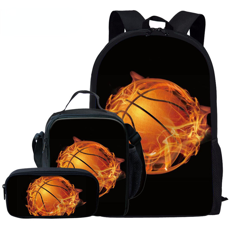 3D Flame Print Bolsas escolares para aluno, estojo de lápis, mochila para laptop, mochila, lancheira, clássicas e criativas, basquete e futebol, 3PCs por conjunto