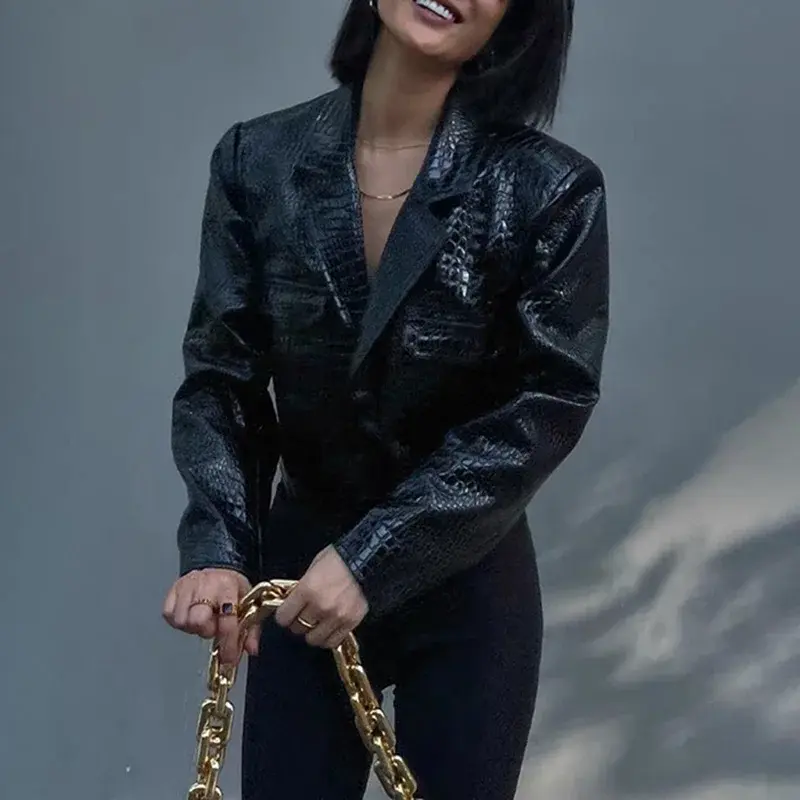 Mode Damen Echt lederjacke Motorrad Krokodil Muster Mantel Dame Streetwear Lederjacke Reiß verschluss mit Gürtel