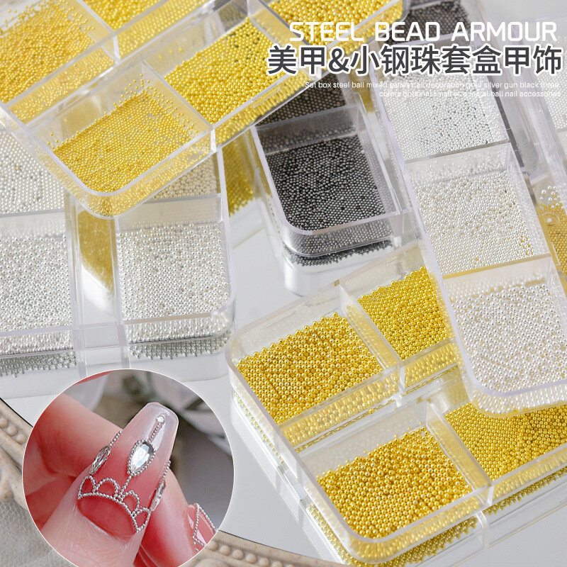 Cuentas pequeñas de Caviar de acero para decoración de uñas, diseño 3D de tamaño mixto, joyería de plata y oro rosa, 0,6-1mm, 6 rejillas