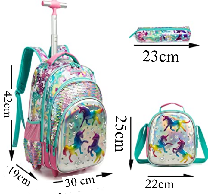 Jasmine star-mochila con ruedas para niño y niña, Juego de 3 piezas, bolso escolar con ruedas