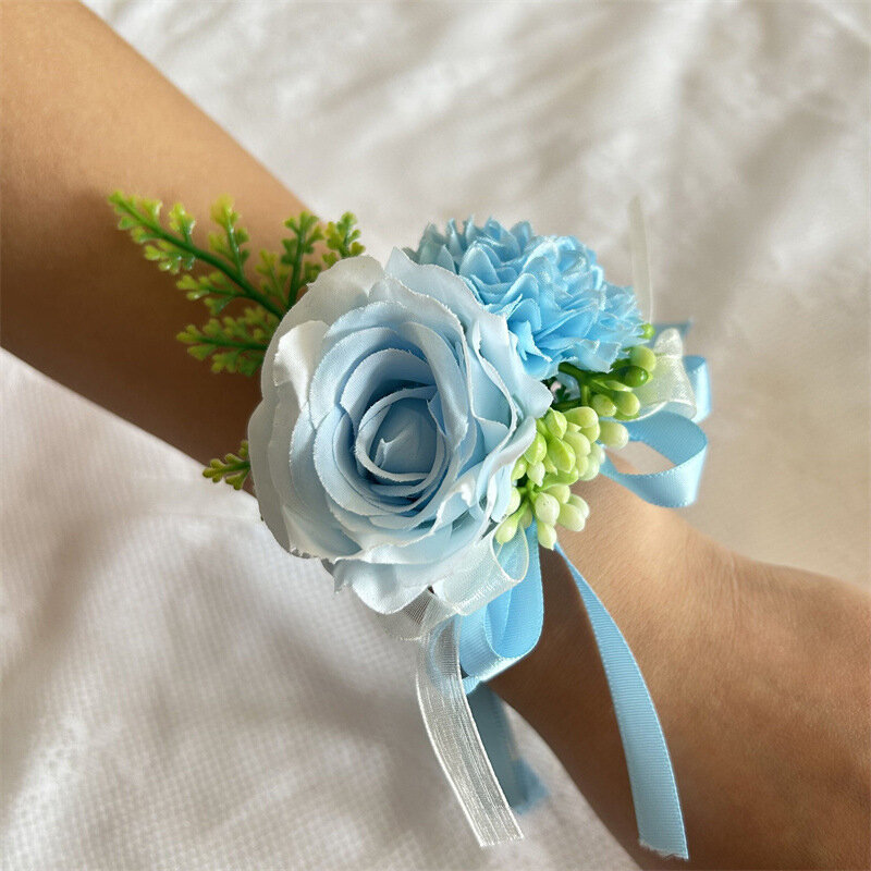 Pengantin wanita pergelangan tangan korsase pernikahan pengiring pengantin tangan bunga buatan sutra gelang pita mawar pesta Prom dekoratif