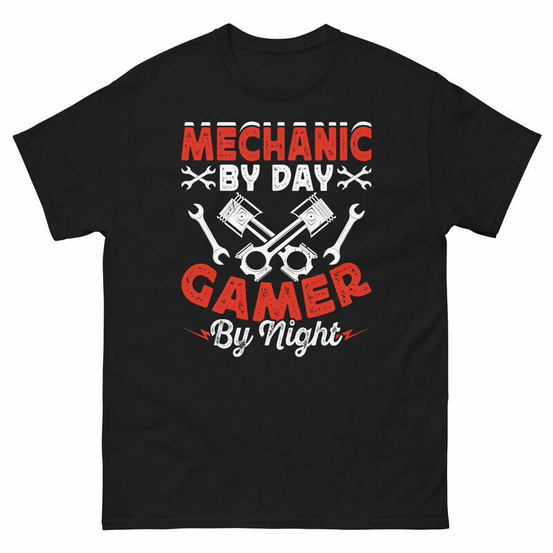 ميكانيكي من قبل لاعبي اليوم عن طريق قميص ليلي ، ملابس ميكانيكية سيارة الرجل محبي ألعاب الفيديو