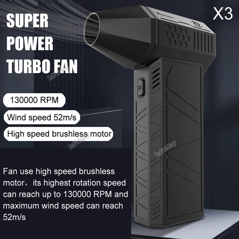 Turbo recarregável Fan com Brushless Motor, Poeira portátil Blower, Secador elétrico, ventilador de ar, 130000 RPM, 52 m/s, X3
