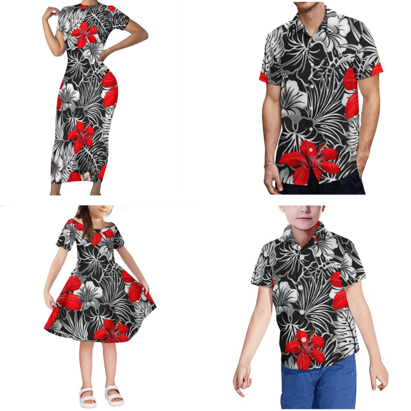 Комплект из 4 предметов для родителей и детей, детские рубашки, платье для девочек с Полинезийским этническим принтом, индивидуальные повседневные Семейные комплекты, повседневное женское платье