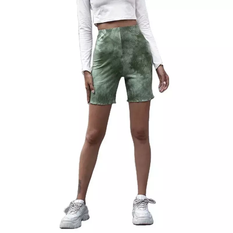 YSQ48-pantalones cortos elásticos ajustados para mujer, pantalón de chándal verde teñido con lazo, ajustados y versátiles, ropa de calle de Ciclismo de cinco puntos, 2024
